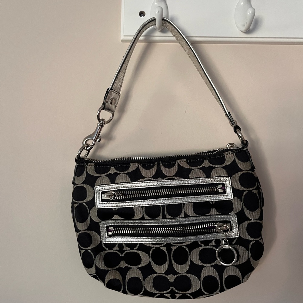 COACH Black and Gray Shoulder Bag with Signature Monogram Poppy collection